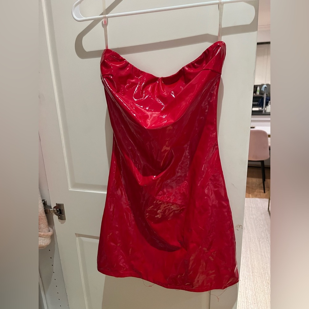 Strapless red latex dress